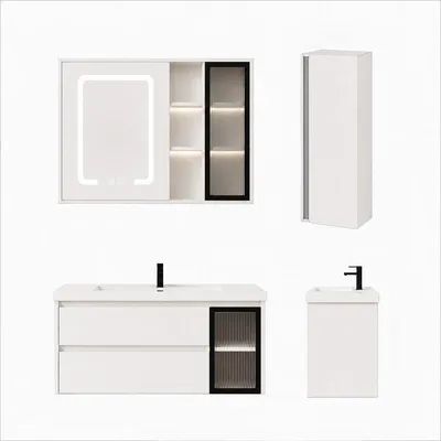Image de Ensemble meuble de salle de bain avec vasque, armoire miroir LED et colonne - 100 cm - Blanc - ARVIA