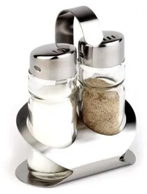 Produktbild von APS 40470 Menage PRO, 8,5 x 5,5 cm, Höhe 11,5 cm, Set besteht aus: Salz- und Pfefferstreuer, Ständer aus Edelstahl (matt poliert)
