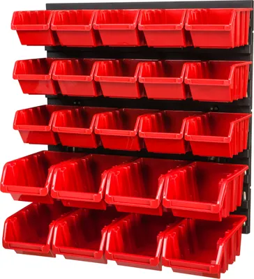 A wall-mounted storage system with multiple red bins.
