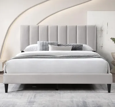 Obrázek produktu pro Čalouněná postel 140x200 a 160x200 cm dvoulůžko s roštem a měkkým potahem, rám postele, svislé prošívání, 140x200 cm, béžová barva