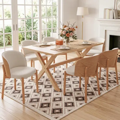 Produktbild von Flieks Esszimmerstühle 6er Set aus Massivholz mit Leinenstoff, Eschen-Massivholzfurnier, für Esszimmer, Wohnzimmer, Küchenstühle, Naturholzfarbe