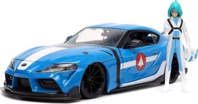 Immagine prodotto di Toyota Supra 2020 con figurina di Max Sterling di Robotech, colore blu, codice prodotto JAD33676, scala 1/24, prodotto da JADA TOYS