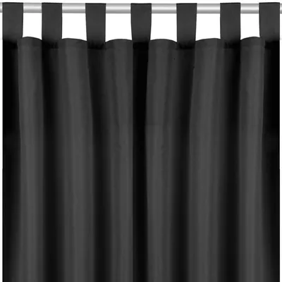 A close-up view of a black curtain with fabric loops at the top, hanging from a silver rod.