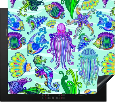 Produktbild von KitchenYeah© Herdabdeckplatte Tiere - Regenbogen - Fische - Muster , 59x51cm, Küche Deko, Glaskeramikkochfeld Herdabdeckung, Abdeckplatte fùr Kochfeld