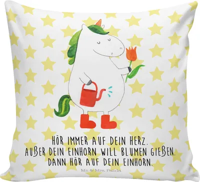 Produktbild von Mr. & Mrs. Panda Kissen 40x40 Einhorn Gärtner - Weiß - Geschenk, Unicorn, kuschelkissen, Stiefel, Zierkissen, Giesskanne, Kleines, Einhörner, Polster, Garten, Blume