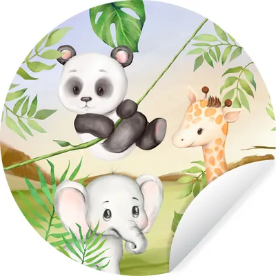Produktbild von MuchoWow® Runde Wandtattoo - Wandsticker Tapete Aufkleber Dschungel - Blätter - Tiere - Grün Ø 80 cm Selbstklebend und Repositionierbar - Wandaufkleber - Kreis - Mauerkreis - Wand Bilder - Wandsticker - Wohnzimmer Dekoration - Dekoration für die Wände - Aluminium - Babyzimmer