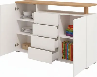 Produktbild von Dmora Sideboard Levate 154x40x94h cm Weiß, 4 Schubladen 4 Regale