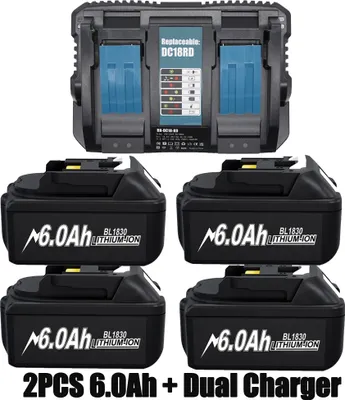 Produktbild von 18V Akku-Pack, 6,0Ah Kapazität, FCC- und RoHS-, 4 6,0 Ah Ladegerät, 18V