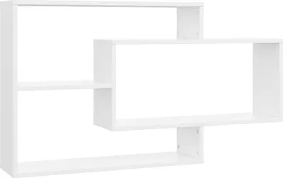 A white, modern, geometric wall shelf unit against a white background.