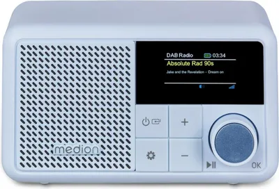 Image de MEDION S66822 Mini radio portable DAB+ avec Bluetooth (batterie jusqu'à 6,5 heures, petite taille, écran couleur à intensité variable, antenne télescopique, minuteur de sommeil, réveil, répétition, AUX, USB-C) bleu