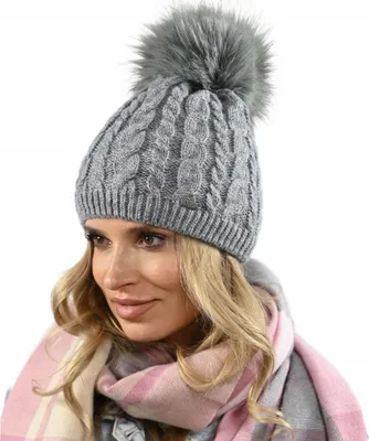 Produktbild von Warme Damen-Wintermütze mit Bommel, fleecegefüttert, Beania, Grau, Uni