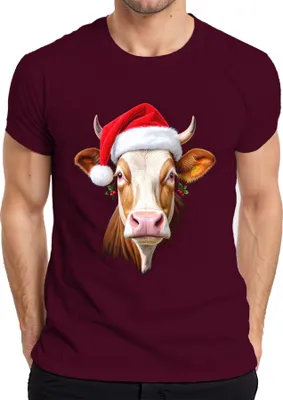 Produktbild von Weihnachtskuh Nikolausmütze Bauernhof Geschenk niedlich lustig Herren T-Shirt, Burgundy, XXL