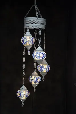 Image de Suspension avec mosaïque de verre bleu multicolore, 5 boules, lustre oriental turc blanc crème, style marocain