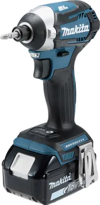 A professional studio shot of a Makita 18V impact driver with a battery attached, isolated on a white background.