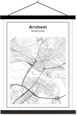 Produktbild von MuchoWow® Textilposter Stadtplan - Arnheim - Schwarz und weiß 60x80 cm mit schwarzem Rahmen - Plakathalter