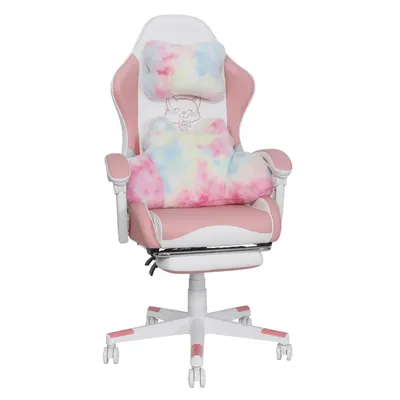 Image de Chaise de gaming Puluomis avec repose-pieds, fauteuil de bureau, siège de chef, chaise de bureau, siège de course, ergonomique, pivotante, réglable en hauteur, couleurs : blanc, rose, multicolore