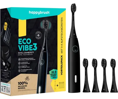 Produktbild von happybrush ECO VIBE 3, Erwachsener, Schallzahnbürste, Tiefenreinigung, Polieren, Sensibel, 40000 Bewegungen pro Minute, Schwarz, Schwarz