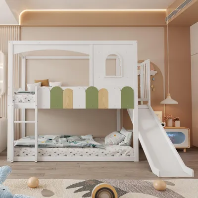 Produktbild von Etagenbett Kinder 90 x 200 cm mit Hausdesign, Fenster, Rutsche, Sicherheitsleiter, Sicherheitsgitter, offenem Unterbereich, Kinderbett, Hochbett, Weiß