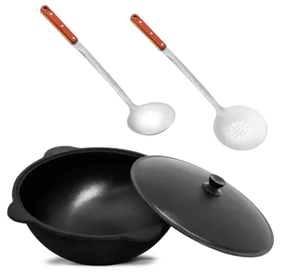 Produktbild von Original Usbekischer Kasan 12 L aus Gusseisen mit Aluminium-Deckel – Namangan Schwenktopf Dutch Oven Feuertopf für Camping Outdoor inkl. Schöpfkelle Schaumlöffel