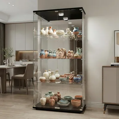 Productafbeelding van Glazen vitrine met LED-verlichting, 4 etages, 2 deuren, slot, zwart