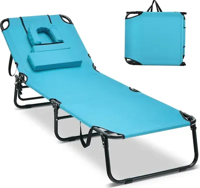 Obrázek produktu pro Skládací lehátko, zahradní lehátko s otvorem pro obličej, polštářem a 5stupňově nastavitelným opěradlem, nosnost až 150 kg (mořská modř)