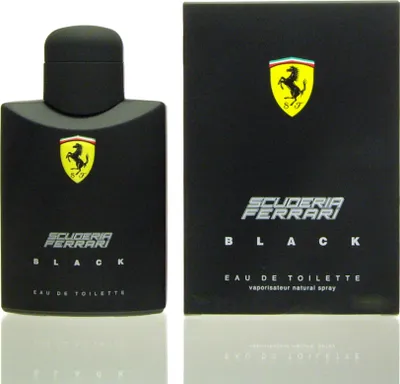 A black bottle of Ferrari Scuderia Black eau de Toilette and its packaging are displayed against a white background.