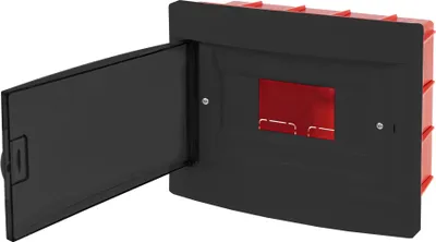 A black electrical distribution box with its door open, revealing a red interior.