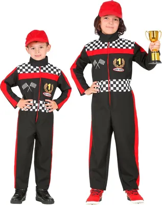 Two children dressed in racing suits, one holding a trophy.