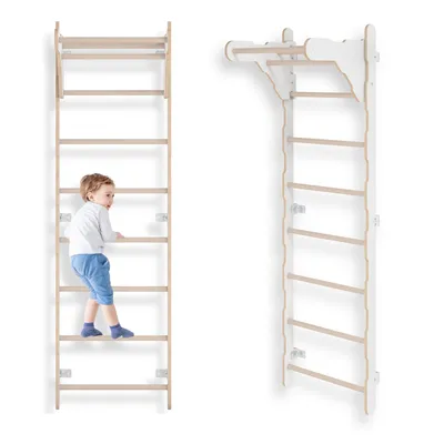 Two indoor climbing frames, one with a child climbing on it.