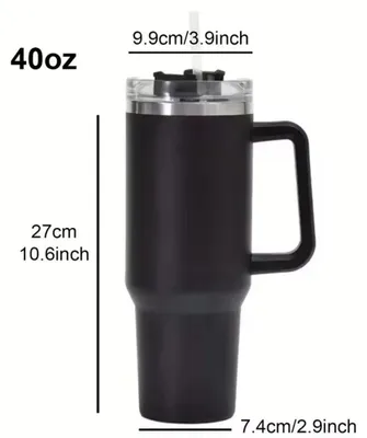 Produktbild von Edelstahl Thermobecher 1200 ml - Isolierter Auto Becher - Doppelwandig - Auslaufsicher - Mit Henkel und Strohhalm - Schwarz