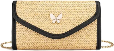 Produktbild von BWOOOWE Stroh Umhängetasche Damen Clutch mit Schmetterlingsklappe Strohtasche Cr