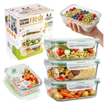 Zdjęcie produktu dla SuperButelki - LUNCHBOX, 3 sztuki, 1000 ml, szklane pojemniki na żywość, do mikrofali i zmywarki - zorganizuj swoją kuchnię!