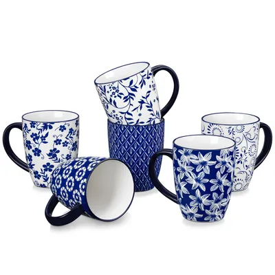 Produktbild von VANCASSO Becher Set, 6-tlg Tassen für 6, Kaffeebecher mit Henkel, 480ml Trinkbecher, Blau-weißes Porzellan