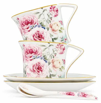 Image de Home Elements Tasses avec soucoupes et cuillères 2 x 250 ml, Rose
