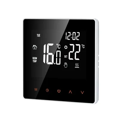 A digital thermostat with an LCD display showing temperature and time.