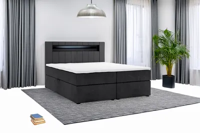 Produktbild von Boxspringbett KUBA mit Bettkasten Visco Topper LED 180 x 200 cm Webstoff Inari SCHWARZ Bett Bettkasten Topper