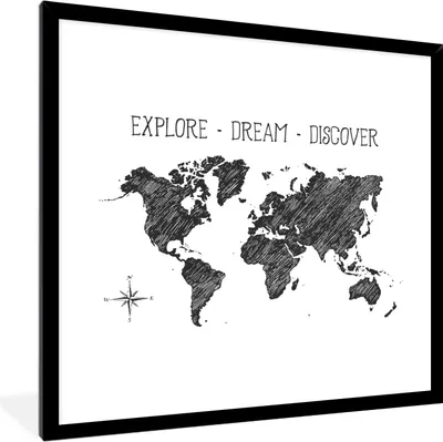 Produktbild von MuchoWow® MuchoWow® Gerahmtes Poster Weltkarte - Kompass - Zitat 40x40 cm - Poster mit zchwarzem Bilderrahmen - Mit Rahmen - Wanddekoration Schlafzimmer