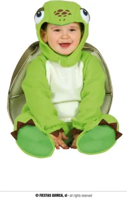A baby wearing a turtle costume.