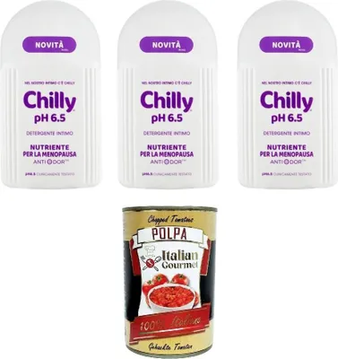 Produktbild von Chilly ph 6.5 detergente intimo Nutriente per la menopausa pH 6,5 Pflegender Intimreiniger für die Wechseljahre 3x200 ml+ Italian Gourmet polpa 400g