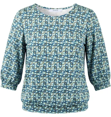 Produktbild von Shirt JULIE Blau meliert Größe 44 mit Rundhalsausschnitt, 3/4-Ärmeln und grafischem Allover-Dessin
