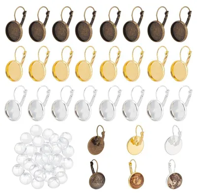 Ohrhaken-Set mit Cabochons, 30 Stück, 3 Farben, Messing, 16 mm
