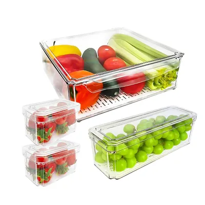 Productafbeelding van Koelkastorganizer, set van 4. Opbergboxen voor organisatie, stapelbaar. Koelkastorganizer boxen voor keukens, koelkasten, kasten. BPA-vrij, transparant