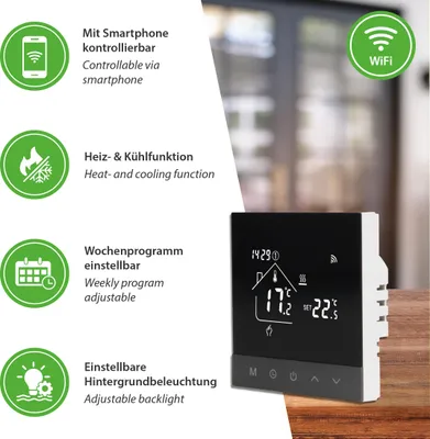 A digital thermostat is shown on a wooden surface, with descriptive icons and text on the left side of the image.