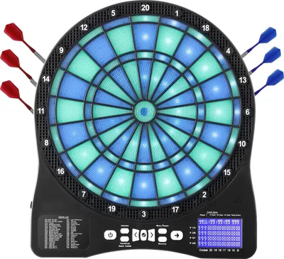 Produktbild von Elektronische Dartscheibe - Softdartboard - LED-Beleuchtung - 48 Spiele, 500 Spielvarianten - LCD-Anzeige mit Cricket-Punktestand - Für 8 Spieler - Inkl. 6 Softdarts & 50 Ersatzspitzen