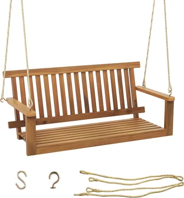 Produktbild von KOMFOTTEU 2-Sitzer Hängebank aus Akazienholz, Schaukelbank Hollywoodschaukel mit Armlehne, Hängeschaukel 130 x 63 x 57 cm, 360kg belastbar