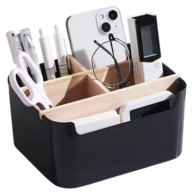 Image de Organiseur de bureau en bois à 5 compartiments, organiseur en bambou, boîte de rangement pour fournitures de bureau, boîte de rangement multifonctionnelle pour accessoires de bureau (noir)