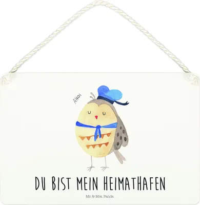 Produktbild von Mr. & Mrs. Panda Schild Eule Matrose DIN A4 - Weiß - Geschenk, Türschild, wandtafel, Owl, Wandbild Holz, Hochzeitstag, Verliebt, Freundin, Holzschild, wandhänger