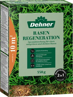Produktbild von Dehner Rasen-Reparatur Regeneration, Saatgut und Dünger in einem für strapazierfähigen Rasen, schnell keimend / pflegeleicht, ideal für beschädigte Rasenflächen, FSC-e Verpackung, 350 g für ca. 10 m²
