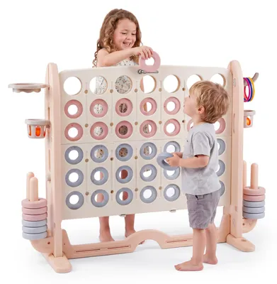 Zdjęcie produktu dla HyperMotion centrum zabaw dla dzieci 4w1 z grą 4 w linii, koszykówką, rzutem pierścieniami i mini golfem, beżowo-szare 109 × 41 × 98 cm