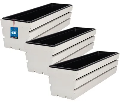 Produktbild von KOTARBAU® 3er Set Blumenkasten für Balkon 60x18x15cm Pflanzkasten Balkonkasten mit Kunststoffeinsatz Blumentopf Kräutertopf aus Kiefernholz Weiß